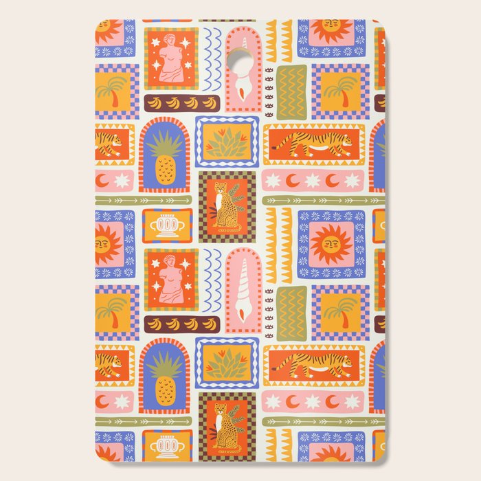 Vintage tropical summer patchwork tapestry pattern Cutting Board Gallery Image 1