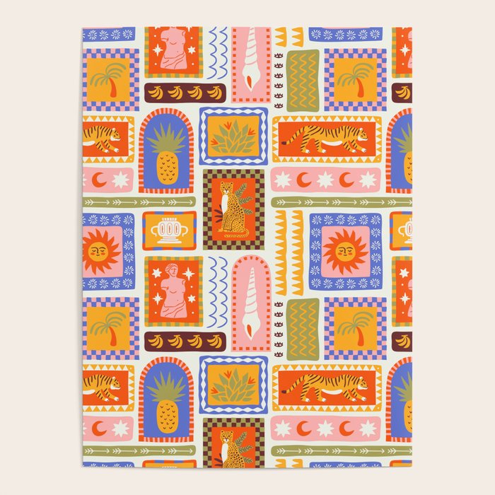 Vintage tropical summer patchwork tapestry pattern Poster Gallery Image 4