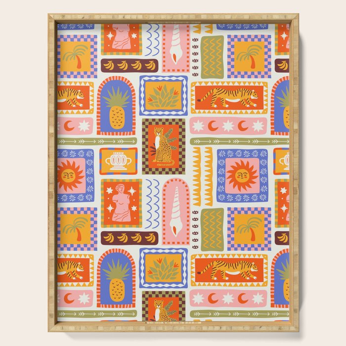 Vintage tropical summer patchwork tapestry pattern Serving Tray Gallery Image 1