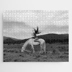 Wild horses couldn't take you from me; young woman on a white horse throwing her hair black wilderness black and white photograph - photography - photographs Jigsaw Puzzle Gallery Image 1