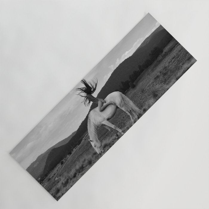 Wild horses couldn't take you from me; young woman on a white horse throwing her hair black wilderness black and white photograph - photography - photographs Yoga Mat Gallery Image 1