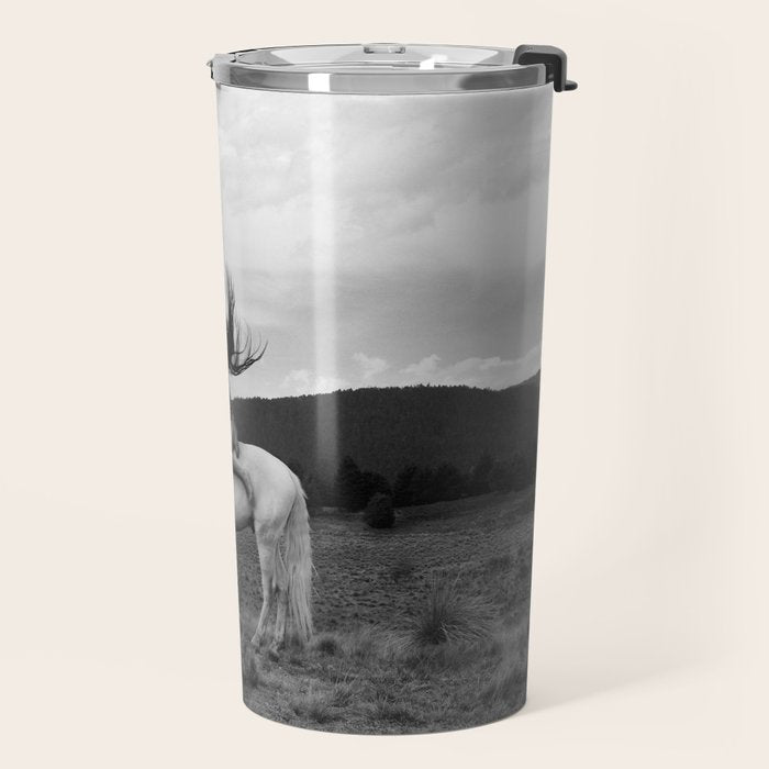 Wild horses couldn't take you from me; young woman on a white horse throwing her hair black wilderness black and white photograph - photography - photographs Travel Mug Gallery Image 2