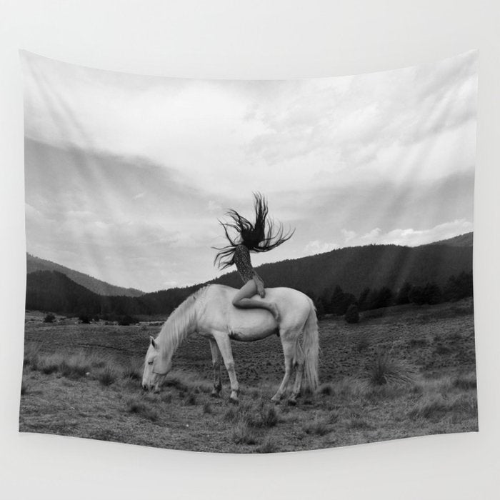 Wild horses couldn't take you from me; young woman on a white horse throwing her hair black wilderness black and white photograph - photography - photographs Wall Tapestry Gallery Image 4