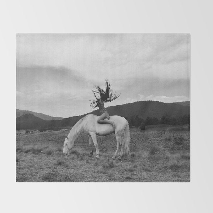 Wild horses couldn't take you from me; young woman on a white horse throwing her hair black wilderness black and white photograph - photography - photographs Throw Blanket Gallery Image 2