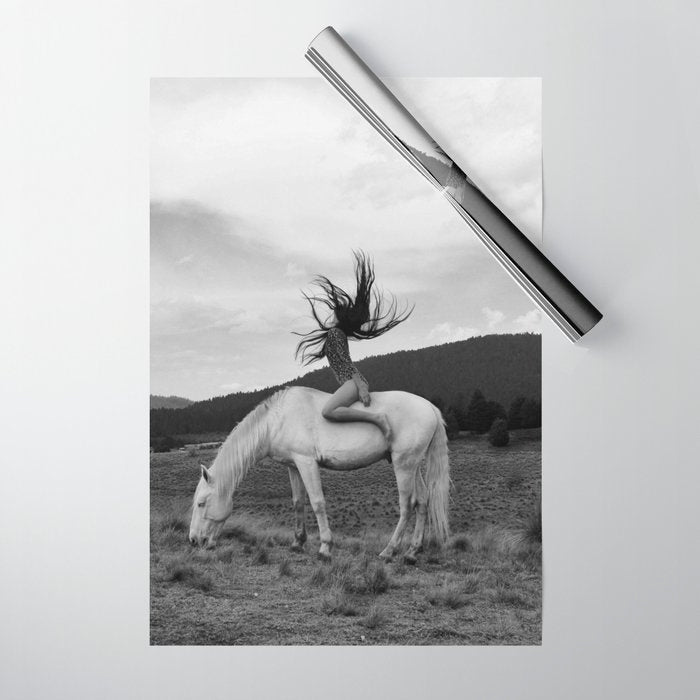 Wild horses couldn't take you from me; young woman on a white horse throwing her hair black wilderness black and white photograph - photography - photographs Wrapping Paper Gallery Image 1