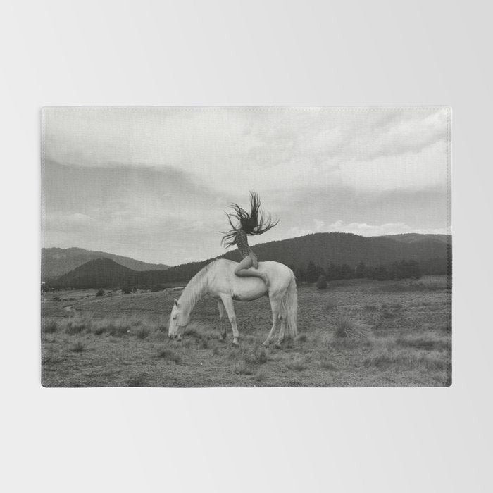 Wild horses couldn't take you from me; young woman on a white horse throwing her hair black wilderness black and white photograph - photography - photographs Rug Gallery Image 2