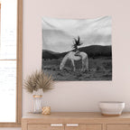 Wild horses couldn't take you from me; young woman on a white horse throwing her hair black wilderness black and white photograph - photography - photographs Wall Tapestry Gallery Image 2