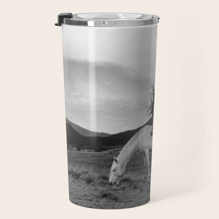 Wild horses couldn't take you from me; young woman on a white horse throwing her hair black wilderness black and white photograph - photography - photographs Travel Mug Gallery Image 3