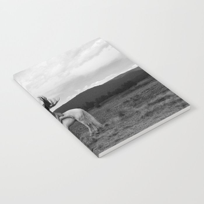 Wild horses couldn't take you from me; young woman on a white horse throwing her hair black wilderness black and white photograph - photography - photographs Notebook Gallery Image 2