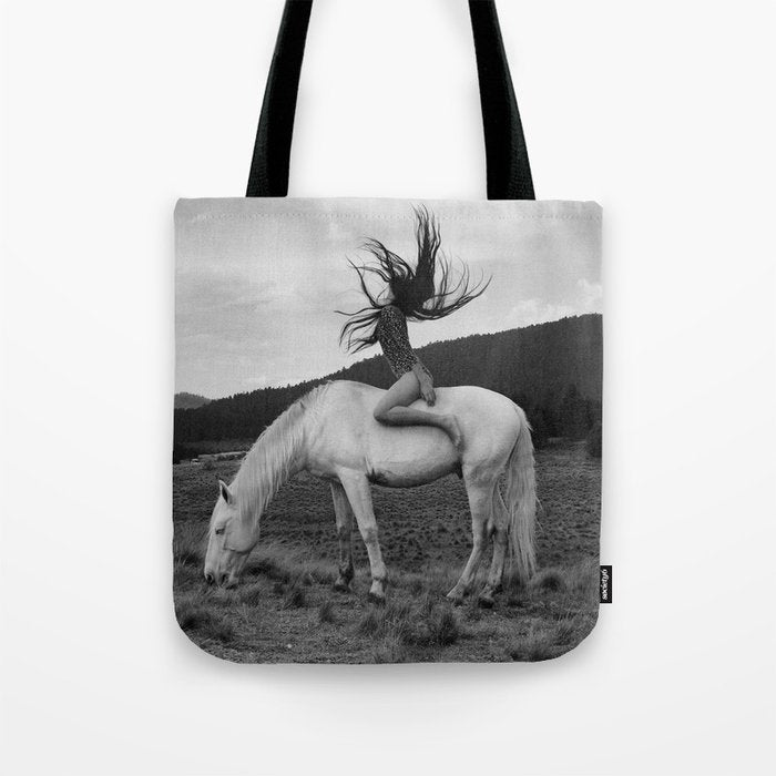 Wild horses couldn't take you from me; young woman on a white horse throwing her hair black wilderness black and white photograph - photography - photographs Tote Bag Gallery Image 1