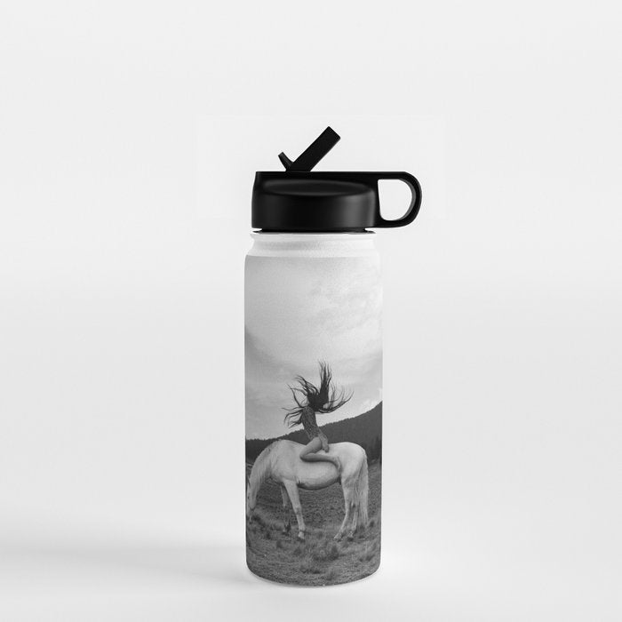 Wild horses couldn't take you from me; young woman on a white horse throwing her hair black wilderness black and white photograph - photography - photographs Water Bottle Gallery Image 1