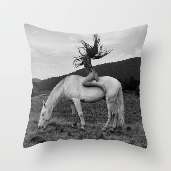 Wild horses couldn't take you from me; young woman on a white horse throwing her hair black wilderness black and white photograph - photography - photographs Throw Pillow Gallery Image 1