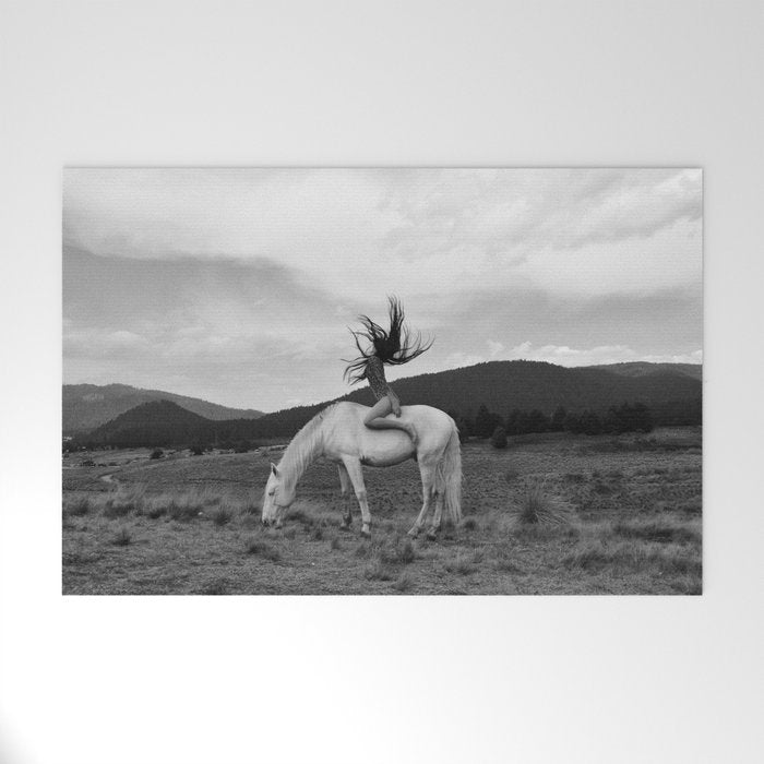 Wild horses couldn't take you from me; young woman on a white horse throwing her hair black wilderness black and white photograph - photography - photographs Welcome Mat Gallery Image 1