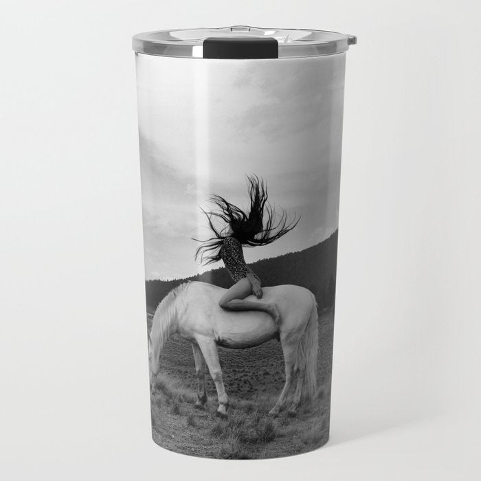 Wild horses couldn't take you from me; young woman on a white horse throwing her hair black wilderness black and white photograph - photography - photographs Travel Mug Gallery Image 1