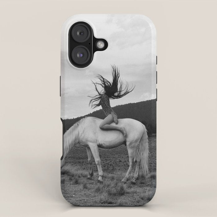 Wild horses couldn't take you from me; young woman on a white horse throwing her hair black wilderness black and white photograph - photography - photographs iPhone Case Gallery Image 1