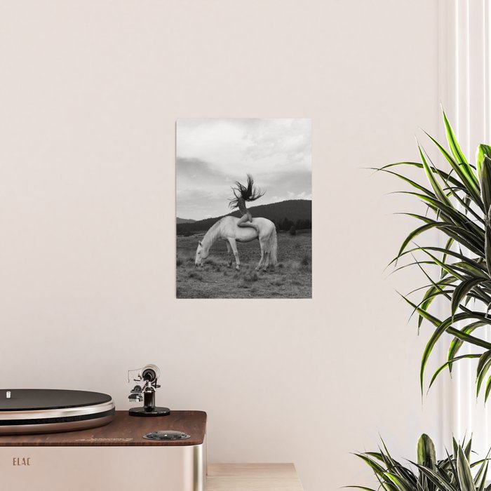 Wild horses couldn't take you from me; young woman on a white horse throwing her hair black wilderness black and white photograph - photography - photographs Poster Gallery Image 2