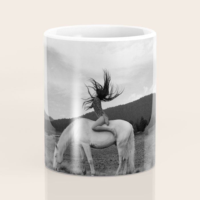 Wild horses couldn't take you from me; young woman on a white horse throwing her hair black wilderness black and white photograph - photography - photographs Coffee Mug Gallery Image 4