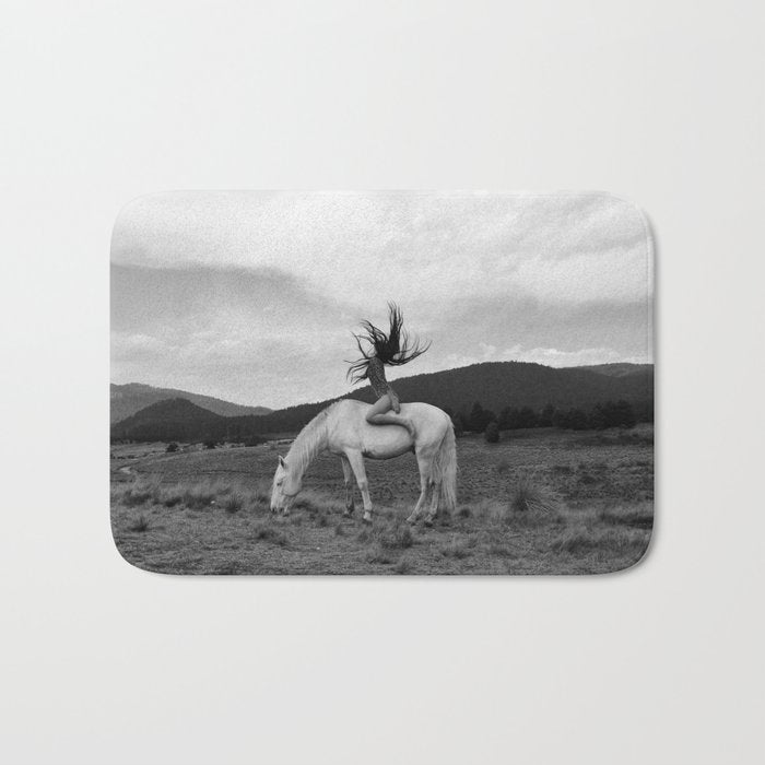 Wild horses couldn't take you from me; young woman on a white horse throwing her hair black wilderness black and white photograph - photography - photographs Bath Mat Gallery Image 1
