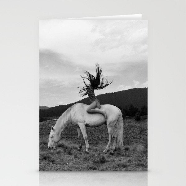 Wild horses couldn't take you from me; young woman on a white horse throwing her hair black wilderness black and white photograph - photography - photographs Stationery Card Gallery Image 2