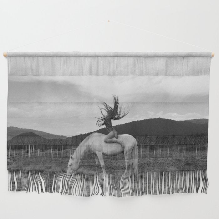 Wild horses couldn't take you from me; young woman on a white horse throwing her hair black wilderness black and white photograph - photography - photographs Wall Hanging Gallery Image 1