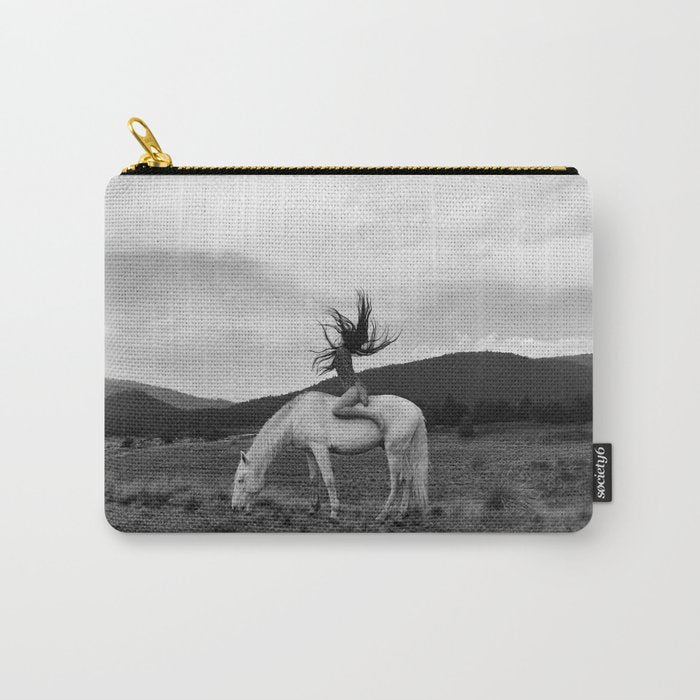 Wild horses couldn't take you from me; young woman on a white horse throwing her hair black wilderness black and white photograph - photography - photographs Carry All Pouch Gallery Image 1