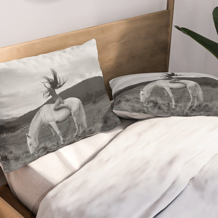 Wild horses couldn't take you from me; young woman on a white horse throwing her hair black wilderness black and white photograph - photography - photographs Pillow Sham Gallery Image 2