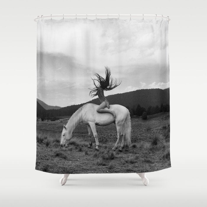 Wild horses couldn't take you from me; young woman on a white horse throwing her hair black wilderness black and white photograph - photography - photographs Shower Curtain Gallery Image 1