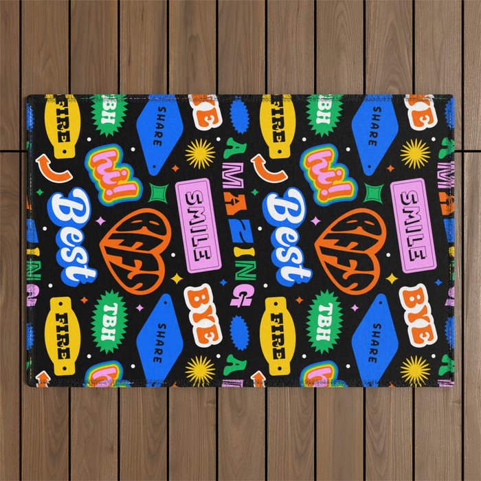 Fun retro quote sticker pattern Outdoor Rug Gallery Image 1