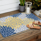 Modern Flowers Print, Yellow, White and Blue Outdoor Rug Gallery Image 2