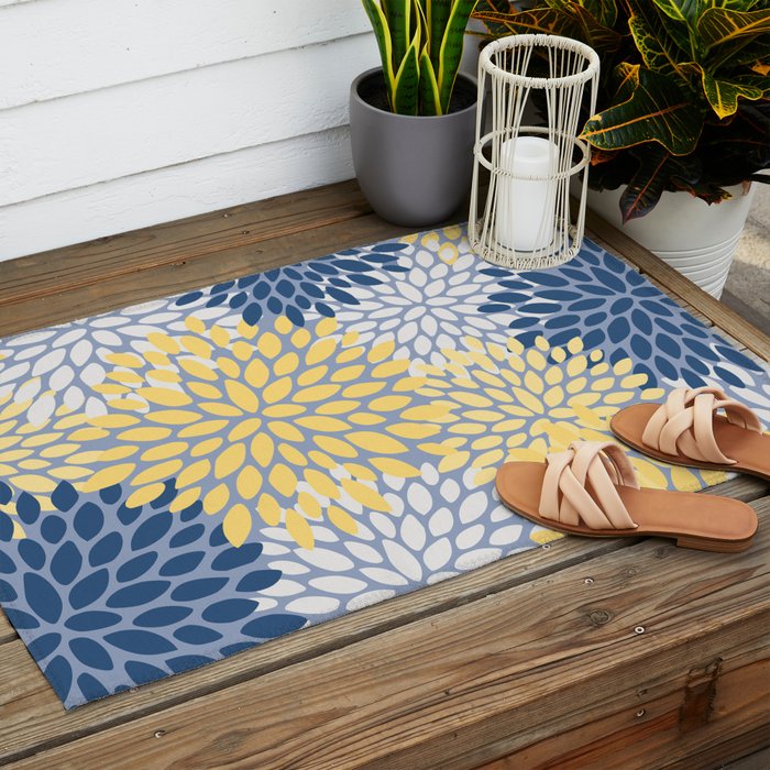 Modern Flowers Print, Yellow, White and Blue Outdoor Rug Gallery Image 2