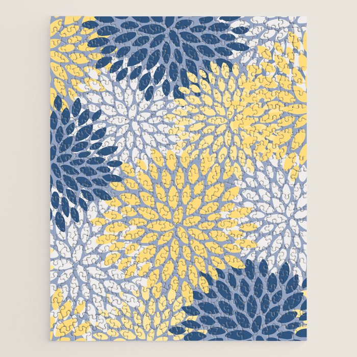 Modern Flowers Print, Yellow, White and Blue Jigsaw Puzzle Gallery Image 1