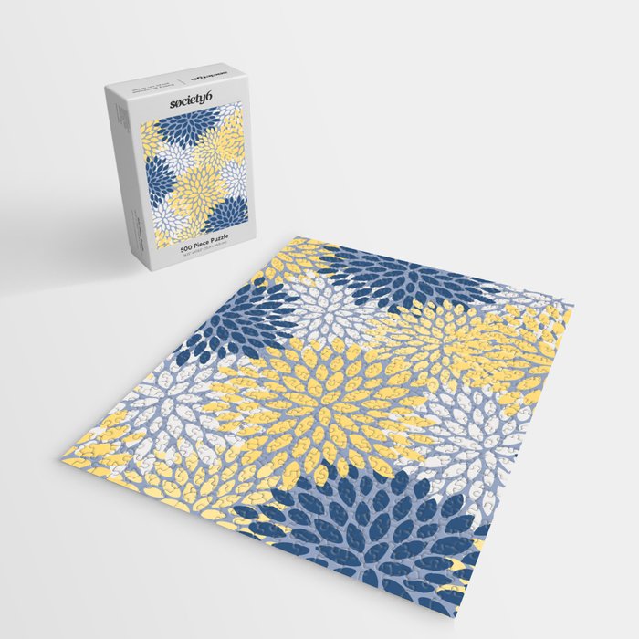 Modern Flowers Print, Yellow, White and Blue Jigsaw Puzzle Gallery Image 2