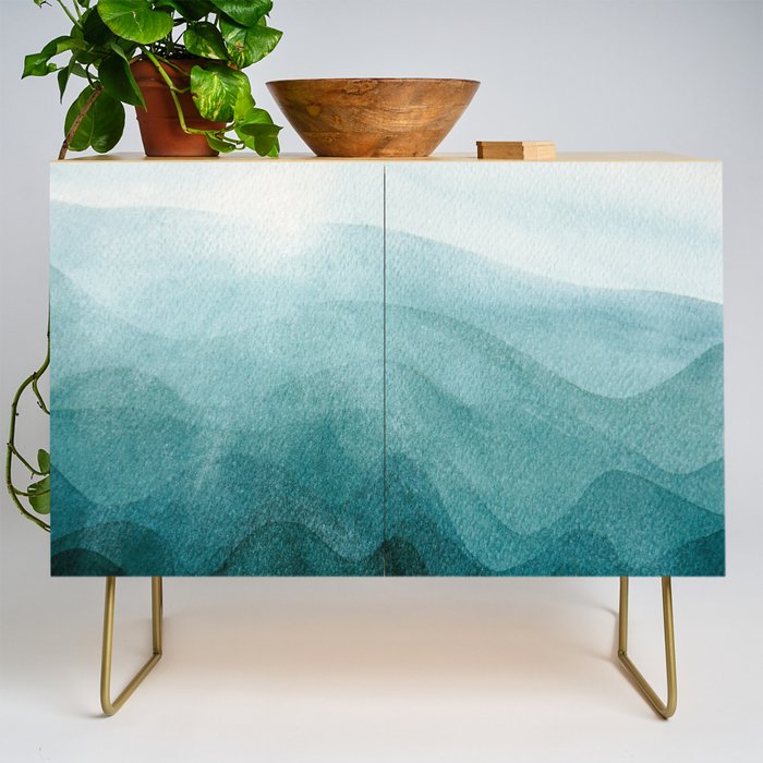 Sunrise in the mountains, dawn, teal, abstract watercolor Credenza Gallery Image 1