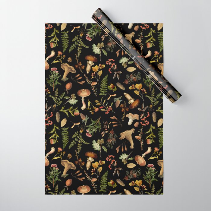Vintage Mushroom Fungi Night Forest Botanical Garden Wrapping Paper Gallery Image 1