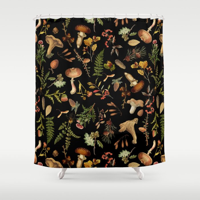 Vintage Mushroom Fungi Night Forest Botanical Garden Shower Curtain Gallery Image 1