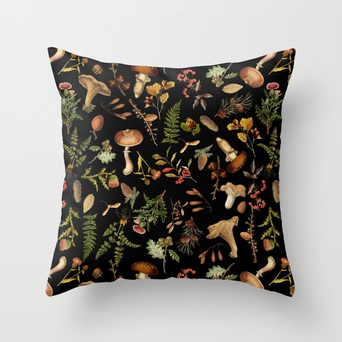 Vintage Mushroom Fungi Night Forest Botanical Garden Throw Pillow Gallery Image 6