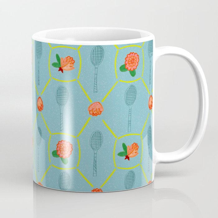 Tennis Rackets & Roses in Warm Blue & Peach Coffee Mug Gallery Image 1