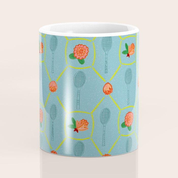 Tennis Rackets & Roses in Warm Blue & Peach Coffee Mug Gallery Image 4