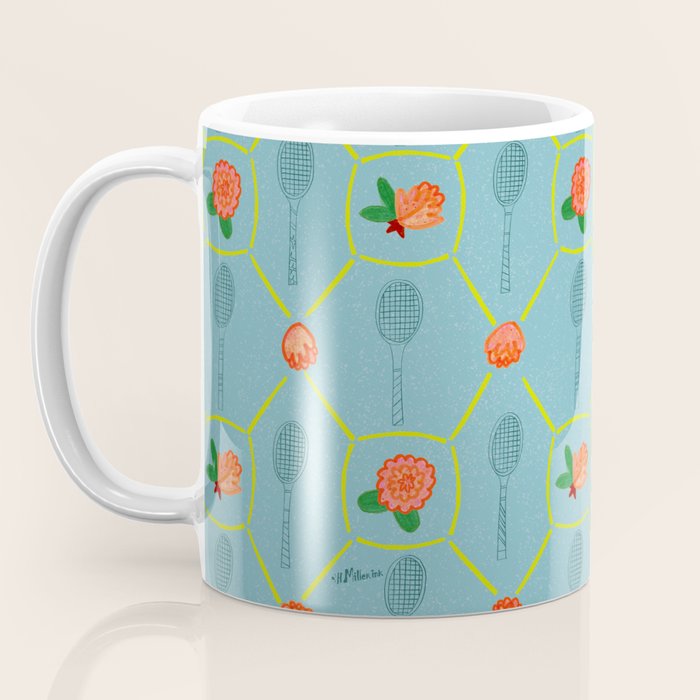 Tennis Rackets & Roses in Warm Blue & Peach Coffee Mug Gallery Image 3