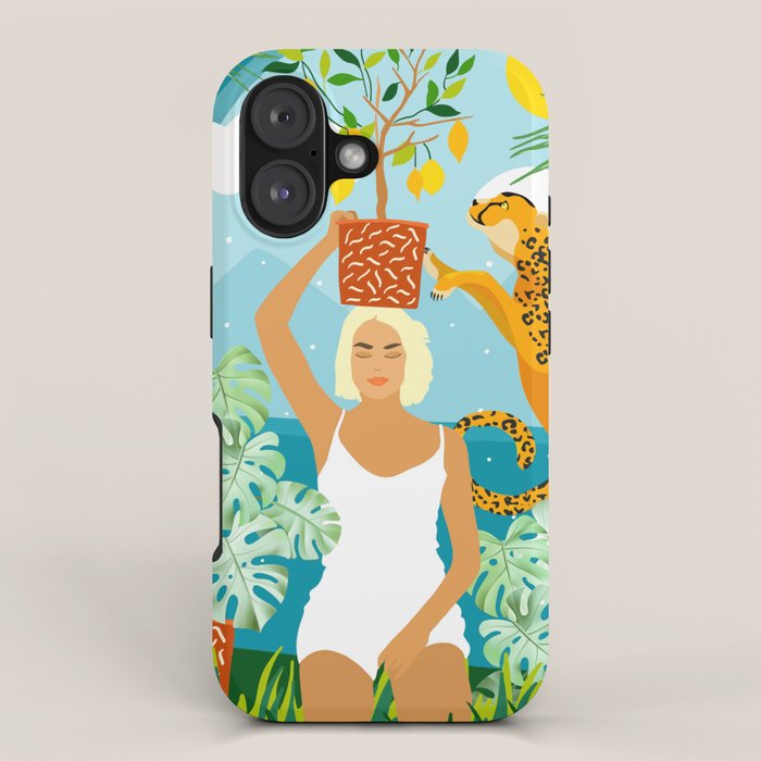 Bring The Jungle Home Illustration, Tropical Cheetah Wild Cat & Woman Painting iPhone Case Gallery Image 1