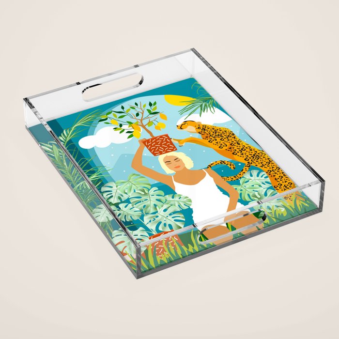 Bring The Jungle Home Illustration, Tropical Cheetah Wild Cat & Woman Painting Acrylic Tray Gallery Image 1