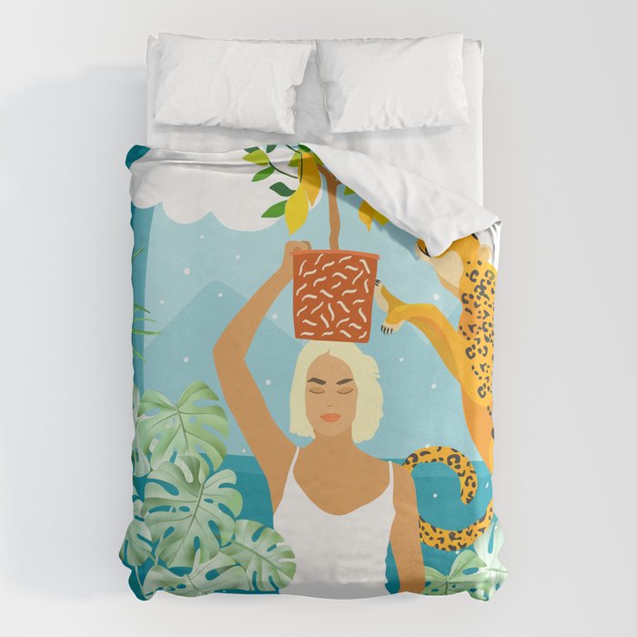 Bring The Jungle Home Illustration, Tropical Cheetah Wild Cat & Woman Painting Duvet Cover Gallery Image 1