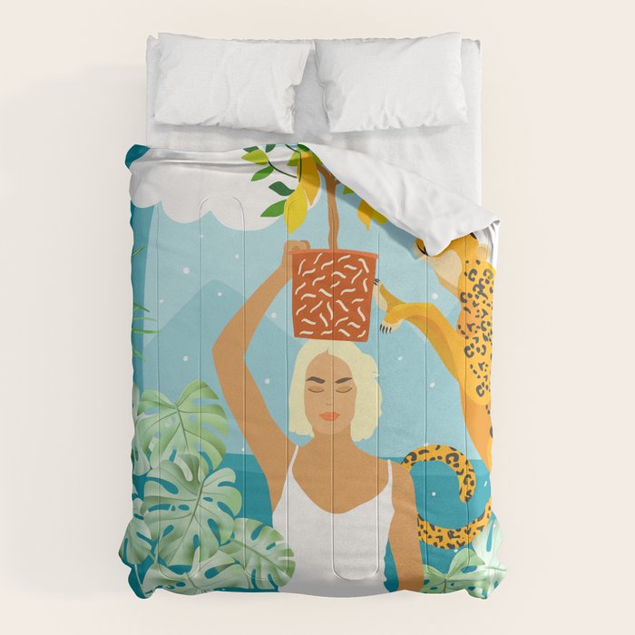 Bring The Jungle Home Illustration, Tropical Cheetah Wild Cat & Woman Painting Comforter Gallery Image 6