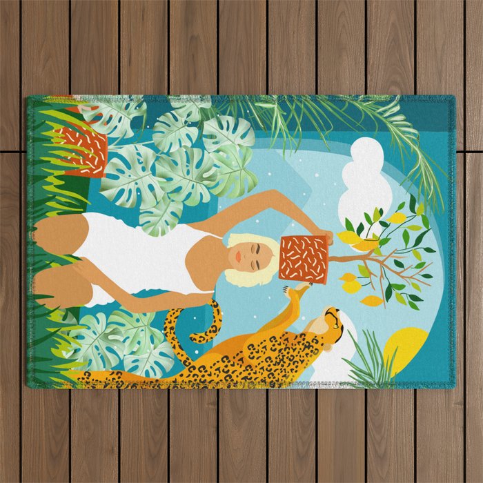Bring The Jungle Home Illustration, Tropical Cheetah Wild Cat & Woman Painting Outdoor Rug Gallery Image 1