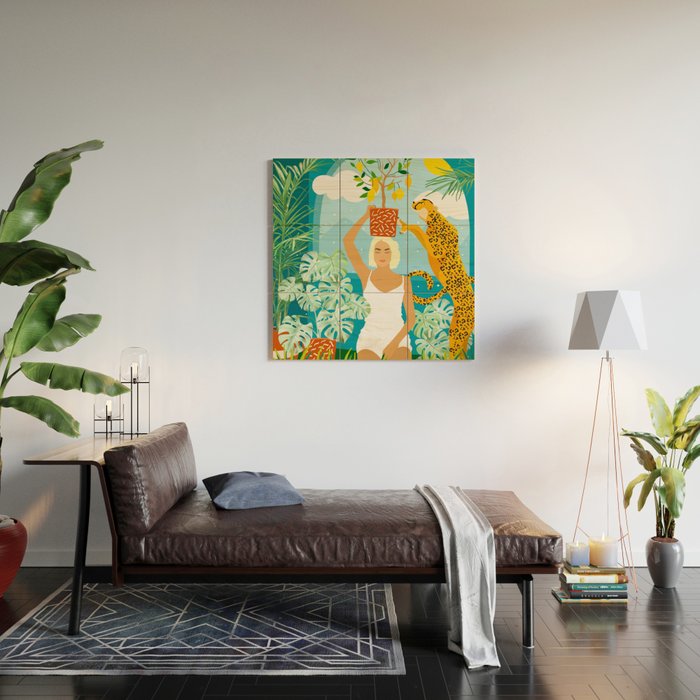 Bring The Jungle Home Illustration, Tropical Cheetah Wild Cat & Woman Painting Wood Wall Art Gallery Image 2
