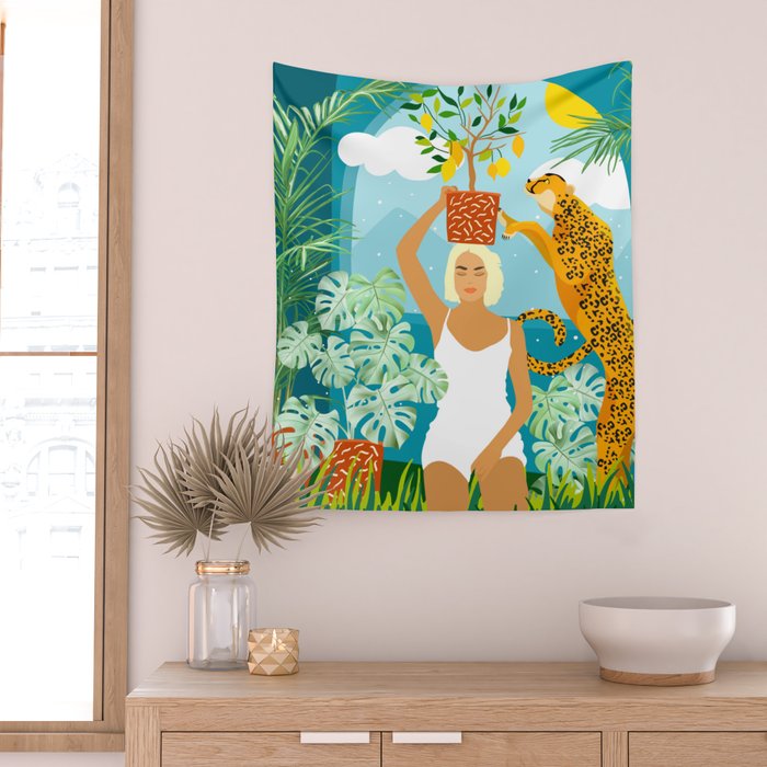 Bring The Jungle Home Illustration, Tropical Cheetah Wild Cat & Woman Painting Wall Tapestry Gallery Image 2