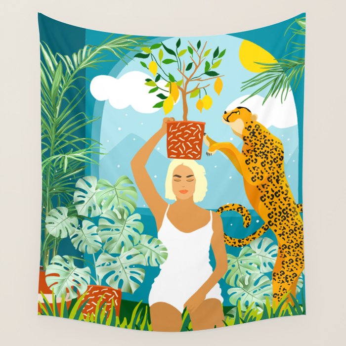 Bring The Jungle Home Illustration, Tropical Cheetah Wild Cat & Woman Painting Wall Tapestry Gallery Image 4