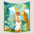 Bring The Jungle Home Illustration, Tropical Cheetah Wild Cat & Woman Painting Wall Tapestry Gallery Image 4