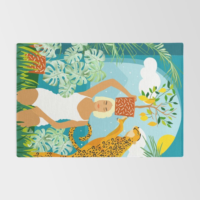 Bring The Jungle Home Illustration, Tropical Cheetah Wild Cat & Woman Painting Rug Gallery Image 2