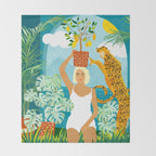 Bring The Jungle Home Illustration, Tropical Cheetah Wild Cat & Woman Painting Throw Blanket Gallery Image 2